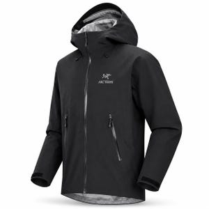 May include: A black hooded jacket featuring a full-length front zipper, two zippered side pockets, and adjustable cuffs with hook-and-loop closures. The Arc'teryx logo is printed in white on the left chest, and the interior lining is light gray.