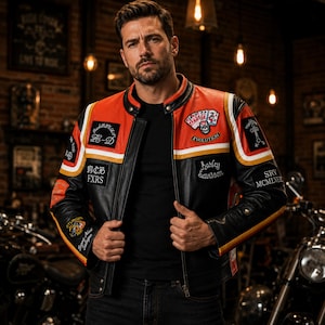 Könnte beinhalten: Eine schwarz-orangefarbene Motorradjacke aus Leder mit Stehkragen, Frontreißverschluss und verschiedenen gestickten Aufnähern, darunter ein Totenkopf mit Spielkarten sowie Schriftzüge wie Harley Savisson, MCB FXRS und Sturgis, getragen über einem schwarzen Shirt.