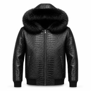 Men’s Black Crocodile Embossed Leather Bomber Jacket, Fur Hooded Luxury Jacket, Motorcycle Streetwear Coat, Gothic Gift for Him