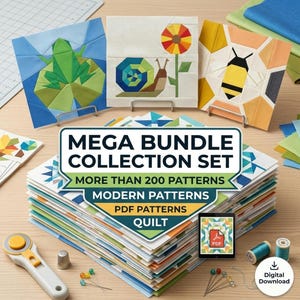 May include: A stack of printed quilt patterns with a label reading MEGA BUNDLE COLLECTION SET MORE THAN 200 PATTERNS MODERN PATTERNS PDF PATTERNS QUILT. Three quilt blocks featuring a frog, a snail with a flower, and a bee are displayed on stands.