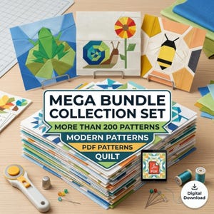 May include: A stack of quilt patterns labeled MEGA BUNDLE COLLECTION SET MORE THAN 200 PATTERNS MODERN PATTERNS PDF PATTERNS QUILT. Three fabric blocks show a green frog, a snail with a flower, and a bee. Includes a rotary cutter and pins.