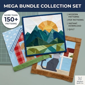 Könnte beinhalten: Ein Mega-Bundle-Set mit über 150 Quilt-Mustern. Das Bild zeigt drei quadratische Stoff-Quiltblöcke: einen mit einer Berg- und Sonnenlandschaft, einen mit einem rot karierten Haus und einen mit einer Katzensilhouette als digitale Vorlage.