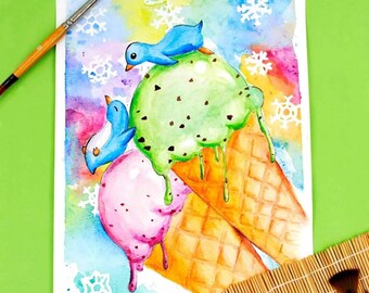 Penguins and Ice Cream: Rainbow Watercolor Painting Print of Cute Penguins Sliding on Icecream Cones, Nursery Wall Art Illustration