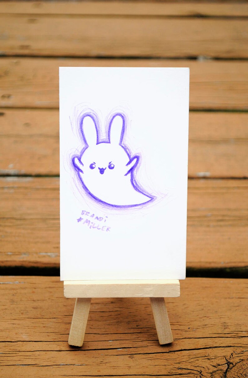 Ghost Bunny Rysunku ładny Królik Ducha Halloween Fioletowy Kolorowy Rysunek Ołówkiem Kawaii Zwierzęta Małe Wall Art Miniaturowe Dzieła Sztuki