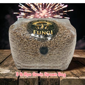 May include: A clear plastic bag filled with 3 lb of rye grain for mushroom cultivation. The bag features a circular black injection port and a circular label with the text FREE YOUR MIND FUNGI LC MUSHROOM CULTIVATION SUPPLIES.