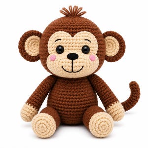 May include: A crocheted monkey stuffed animal featuring a dark brown body, light beige face, ears, hands, and feet. It has black plastic safety eyes, a black embroidered nose and mouth, small pink cheeks, and a tuft of brown yarn on its head.