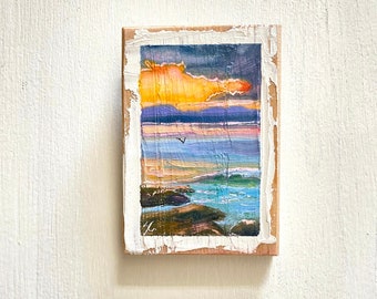 beach sunset, miniature art, original, oil painting, impressionist art, gift, collectibles, Victoria BC art, coastal wall art, beach decor