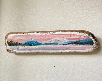 driftwood mountain landscape, original oil painting, driftwood art, Mount Baker, Vancouver Island art, rustic beach decor, wall art,