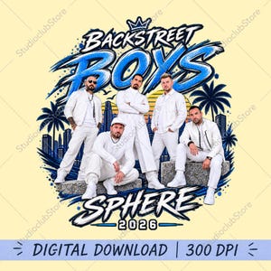 Puede incluir: Un diseño gráfico que muestra a los Backstreet Boys con trajes blancos sobre un horizonte urbano al atardecer en azul y amarillo. El texto dice Backstreet Boys, Sphere y 2026. El diseño incluye palmeras y un icono de corona en azul vibrante.