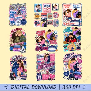 May include: A digital collection of nine colourful illustrations featuring romantic couples, hockey-themed elements, and text including Off Campus, Briar University, Love Was Never Part Of The Deal, and various book titles, all set against a light yellow background.