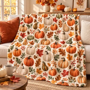 Thanksgiving Throw Blanket, Fall Pumpkin Turkey Decor, Soft Cozy Fleece Autumn Blanket for Sofa Bed, Seasonal Gift