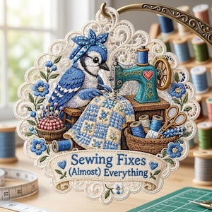 May include: A circular embroidered wall hanging featuring a blue jay wearing a blue bow, operating a teal sewing machine. The design includes a blue and white checkered quilt, a pincushion, and a basket of thread spools. Text reads: Sewing Fixes (Almost) Everything.