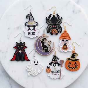 fsl Halloween Embroidery Earrings Bundle, Ghost Pumpkin Cat Bat Spider Witch Designs (Digital Download)