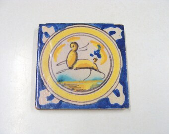 Vintage Hand Painted Tile Done in Style of Quimper 3 7/8" x 3 7/8" x 3/8"