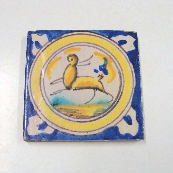 Vintage Hand Painted Tile Done in Style of Quimper 3 7/8" x 3 7/8" x 3/8"