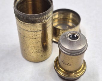 Brass Ernst Leitz "3" Objective Microscope Lens with Matching Brass Case