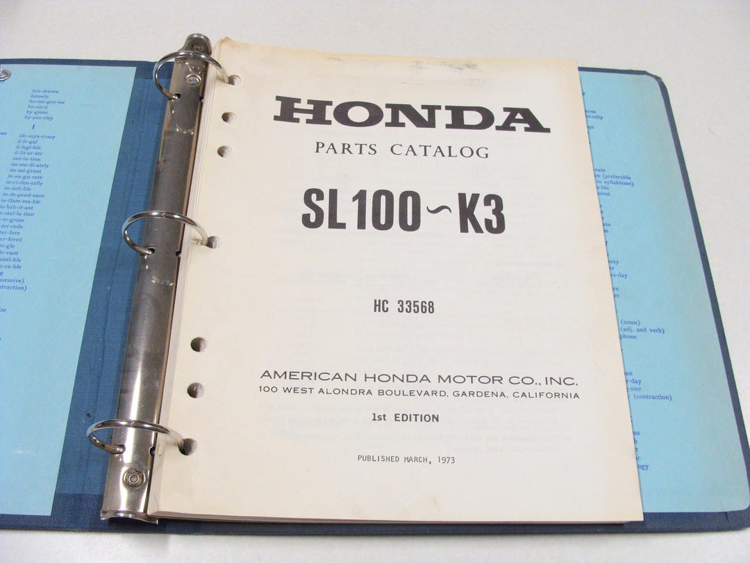 First Edition 1973 Honda Parts Catalog SL100 K3, Complete and Clean