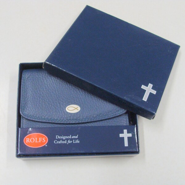 Rolfs Blue Leather Wallet New In Box, Appears Unused with a bit of scratching inside, Christian Cross and Fish