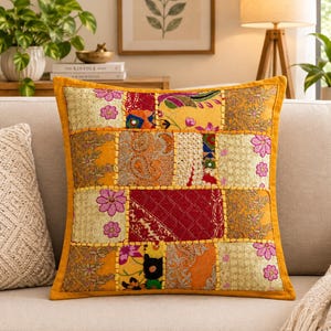 Broderat lapptäcke örngott | Boho kuddfodral | Dekorativ plädkudde | Heminredning.