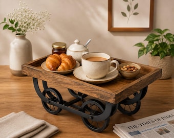 Handmade Wooden Serving Tray with Wheels | Rustic Wooden Breakfast Tray | Natural Wood Tea Coffee Serving Tray | Farmhouse Decor