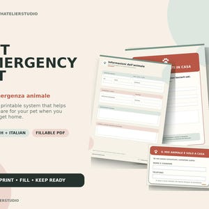 Può includere: Un kit di emergenza per animali domestici in formato digitale con moduli stampabili che includono campi per le informazioni sull'animale, contatti di emergenza e istruzioni per la cura. Design nei toni crema, terracotta e verde salvia.