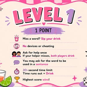 Könnte beinhalten: Eine Spielanleitungskarte mit dem Titel LEVEL 1 und rosa-cremefarbenen Karorändern. Sie zeigt eine Biene, eine Discokugel und einen rosa Becher mit dem Text SPELL IT OR SIP IT. Die Karte listet die Regeln für ein Trinkspiel inklusive Punktzahlen auf.