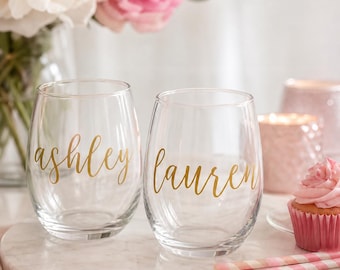 Personalized Stemless Wine Glass, Custom Name Bridesmaid Glass, Bachelorette & Wedding Bridal Party Gift