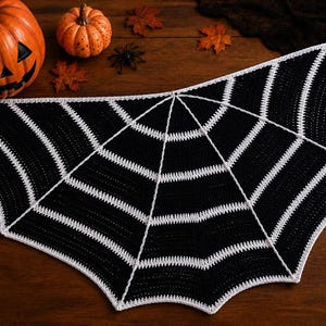 May include: A triangular crochet shawl featuring a black and white spider web pattern. The design consists of alternating black and white yarn segments radiating from a central point, creating a web-like structure with a pointed bottom edge.