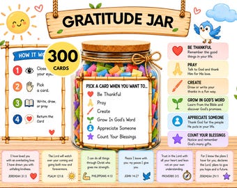 May include: A clear glass gratitude jar with a cork lid, filled with 300 colorful paper cards. The jar features a label with instructions and icons for activities like praying and being thankful. Decorative elements include a sun, a blue bird, and text.