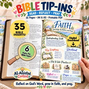 May include: A set of 35 printable Bible tip-ins featuring A4 and A5 pages with floral illustrations and text. The pages include sections for faith, joy, and courage, with key scriptures, devotional prompts, and prayer guides for study.