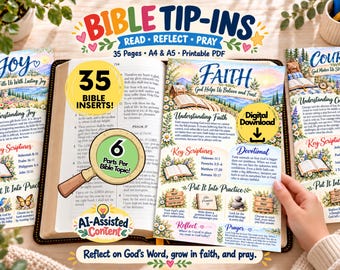 May include: A set of 35 printable Bible tip-ins featuring A4 and A5 pages with floral illustrations and text. The pages include sections for faith, joy, and courage, with key scriptures, devotional prompts, and prayer guides for study.