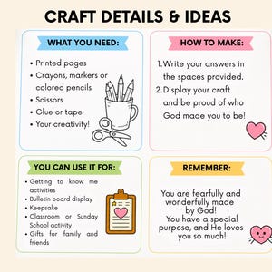 May include: A four-quadrant instructional graphic titled CRAFT DETAILS & IDEAS. Sections include WHAT YOU NEED, HOW TO MAKE, YOU CAN USE IT FOR, and REMEMBER. It features black line art of pencils in a mug, scissors, a clipboard, and pink hearts.