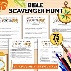 May include: A Bible scavenger hunt game set featuring five printed activity sheets with questions about books, characters, animals, places, and parables. The collection includes a magnifying glass, colored pencils, and an answer key.