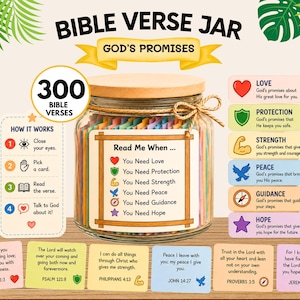 May include: A clear glass jar with a wooden lid containing 300 colorful paper slips labeled Bible Verse Jar God's Promises. The label lists categories like Love, Protection, Strength, Peace, Guidance, and Hope with corresponding icons.