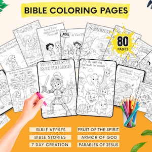 Op de afbeelding: Een verzameling van 80 zwart-wit bijbelkleurplaten met illustraties van bijbelverhalen, verzen en personages. De pagina's bevatten scènes zoals Jona en de walvis, de wapenrusting van God en de schepping, voorzien van tekstlabels.
