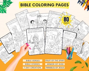 May include: A collection of 80 black and white Bible coloring pages featuring illustrations of biblical stories, verses, and characters. The pages include scenes like Jonah and the Whale, the Armor of God, and the creation, with text labels.