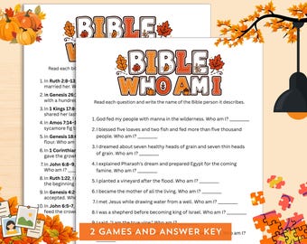May include: A printable Bible trivia game sheet titled BIBLE WHO AM I with autumn-themed graphics including orange pumpkins and fall leaves. The page features ten numbered questions about biblical figures with blank lines for writing the answers.