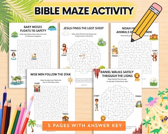 May include: A set of five printable Bible maze activity sheets featuring illustrations of Baby Moses, Jesus, Noah, the Wise Men, and Daniel. Each page includes a maze, instructions, and colorful character graphics. The text reads BIBLE MAZE ACTIVITY.