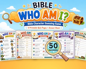 May include: A Bible Who Am I? character guessing game set featuring five printable quiz pages and an answer sheet. The colorful design includes illustrations of a magnifying glass, a treasure chest, and various biblical icons.