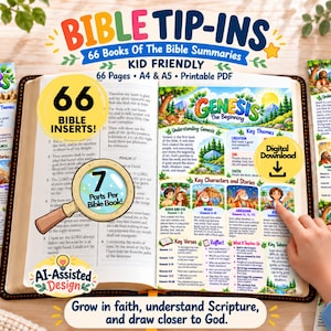 May include: A set of printable Bible tip-ins featuring 66 book summaries with colorful illustrations, key themes, and characters. The digital download includes A4 and A5 pages designed for kids, showcasing Genesis and Isaiah summaries.