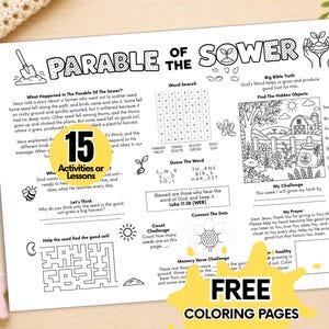 May include: A black and white printable activity sheet titled Parable of the Sower featuring educational text, a word search, a maze, a colouring scene of a farm, and a prayer section. The page includes a yellow circle with 15 Activities or Lessons.
