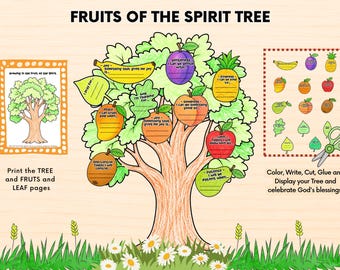 May include: A Fruits of the Spirit Tree activity sheet featuring a central tree with fruit-shaped writing prompts, a smaller tree poster, and a sheet of cut-out fruits and leaves. The design includes text, colorful illustrations, and green grass.