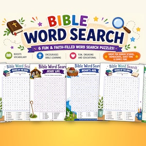 Könnte beinhalten: Eine Sammlung von sechs Bibel-Wortsuchrätsel-Blättern mit Themen wie dem Leben Jesu, der Arche Noah und der Schöpfung. Die Überschrift zeigt den Text BIBLE WORD SEARCH mit Illustrationen eines Buches, einer Lupe und bunten Sternen.