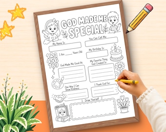 May include: A printable activity sheet titled GOD MADE ME SPECIAL featuring black and white line art illustrations of children, a birthday cake, a palette, and a Bible. The worksheet includes blank fields for personal details and drawing space.