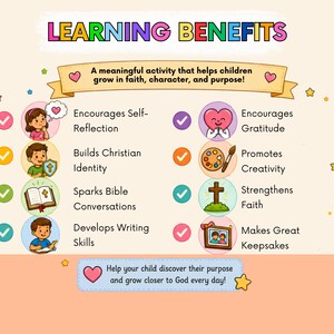 May include: An educational infographic titled LEARNING BENEFITS with a banner stating A meaningful activity that helps children grow in faith, character, and purpose! It lists eight points with icons including children, a heart, a palette, and a cross.