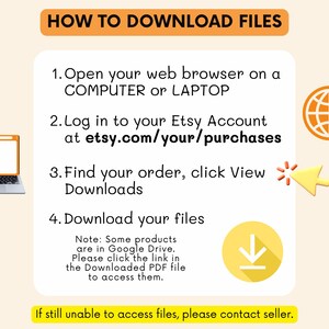 May include: An instructional graphic titled HOW TO DOWNLOAD FILES with four steps: open a browser on a computer or laptop, log into your Etsy account at etsy.com/your/purchases, click View Downloads, and download files. Includes a note about Google Drive.