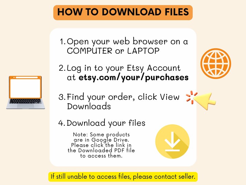 May include: An instructional graphic titled HOW TO DOWNLOAD FILES with four steps: open a browser on a computer or laptop, log into your Etsy account at etsy.com/your/purchases, click View Downloads, and download files. Includes a note about Google Drive.