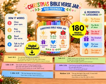 May include: A clear glass jar with a wooden lid containing 180 colorful paper strips labeled Christmas Bible Verse Jar. The jar features a label with six icons and text. Two informational cards display instructions and categories, while six sample paper strips with Bible verses are laid out in front.
