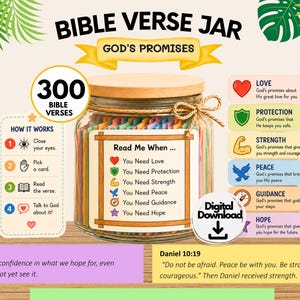 May include: A clear glass jar with a wooden lid filled with 300 colorful paper slips labeled Bible Verse Jar God's Promises. The label lists categories like Love, Protection, Strength, Peace, Guidance, and Hope with icons. Includes instructions and verses.