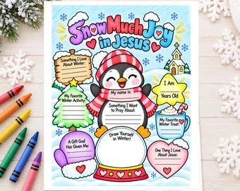 May include: A colorful printable activity sheet titled Snow Much Joy in Jesus featuring a central penguin wearing a red and white striped hat and scarf, surrounded by winter-themed prompts, a small church, a mug of cocoa, and snowflakes.